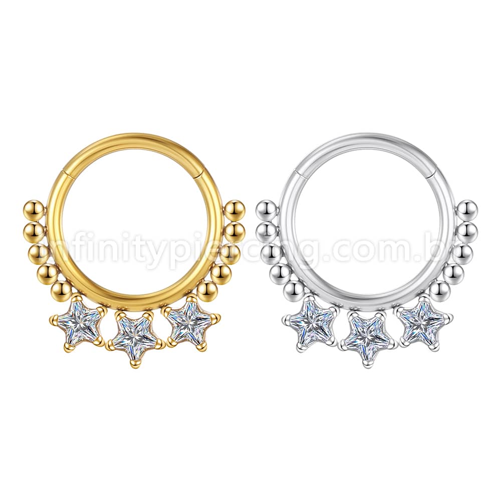 Piercing Argola Segmentada Aço Cirúrgico 3 Estrelas Zircônia