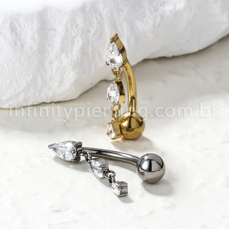 Piercing Banana Titânio 3 Pedras Zircônia Oval