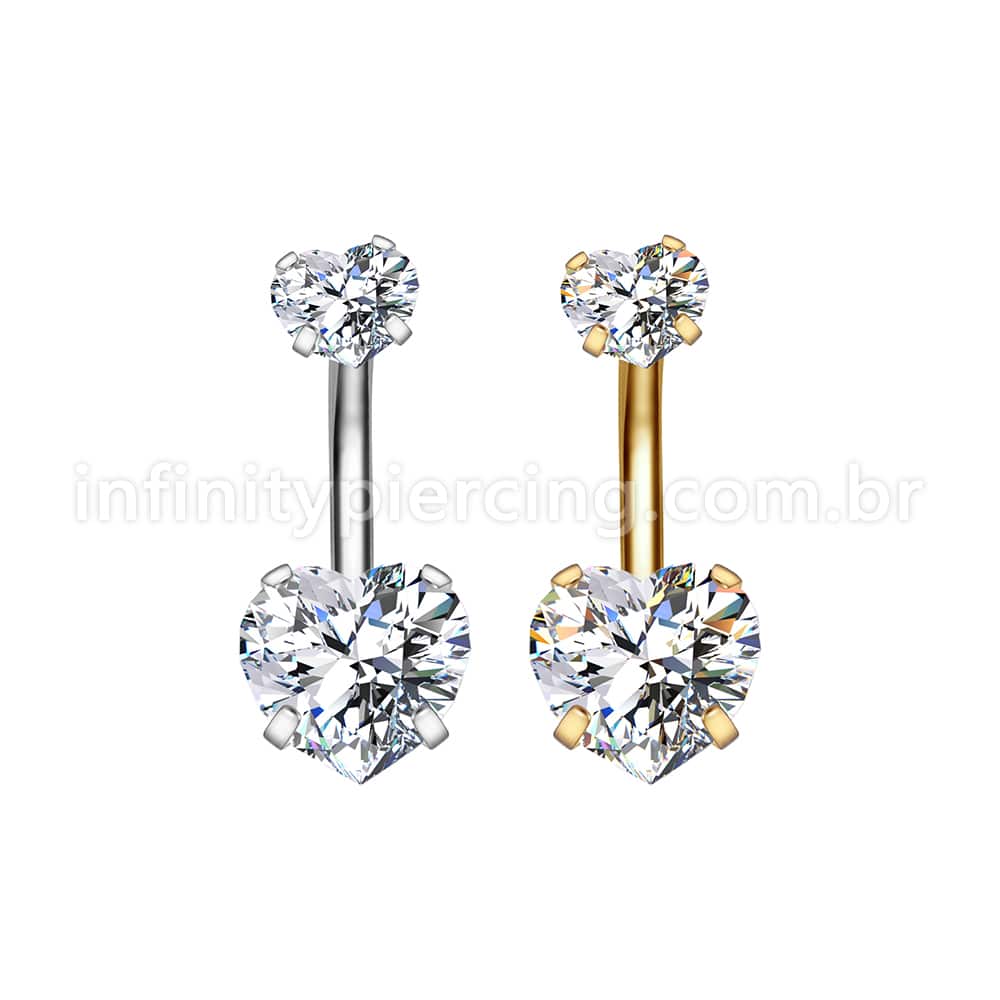 Piercing Aço Cirúrgico Banana 2 Pedras Zircônia Cravejada Coração