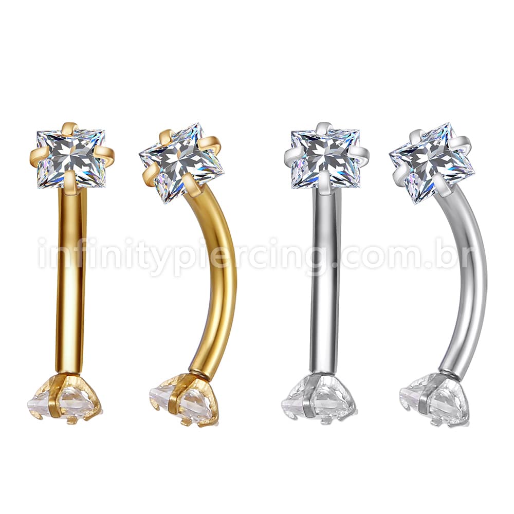 Piercing Microbell Curvo Aço Cirúrgico Zircônia Quadrada