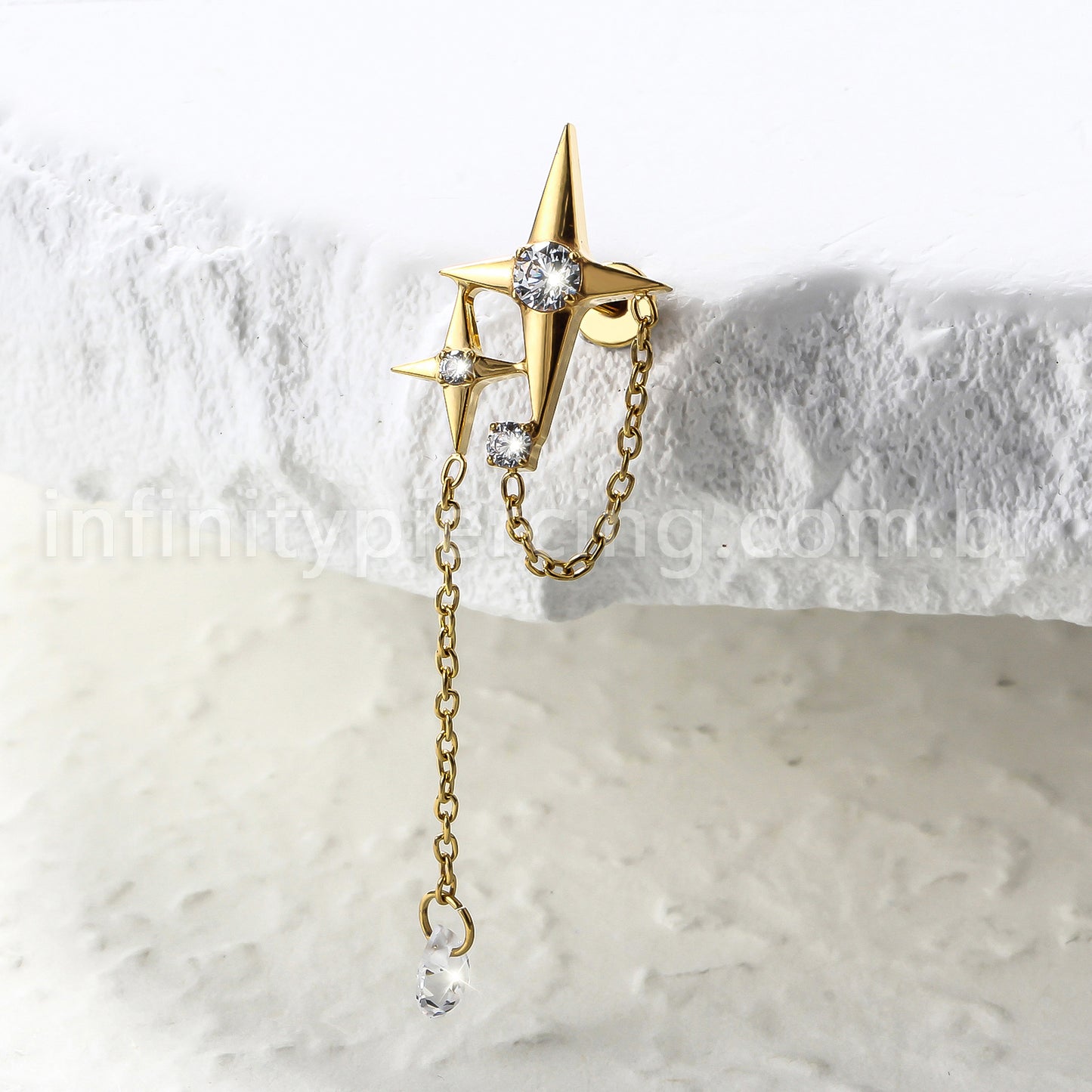Piercing Labret Titânio Estrela 4 Pontas Com Corrente