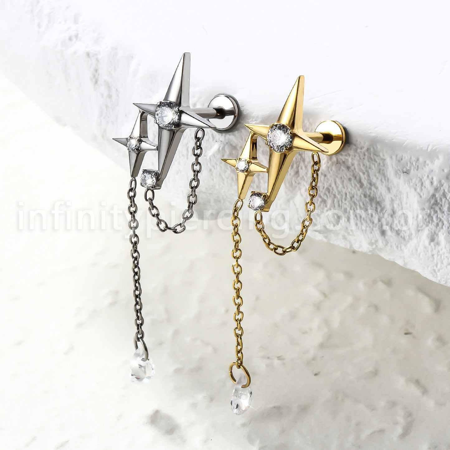 Piercing Labret Titânio Estrela 4 Pontas Com Corrente