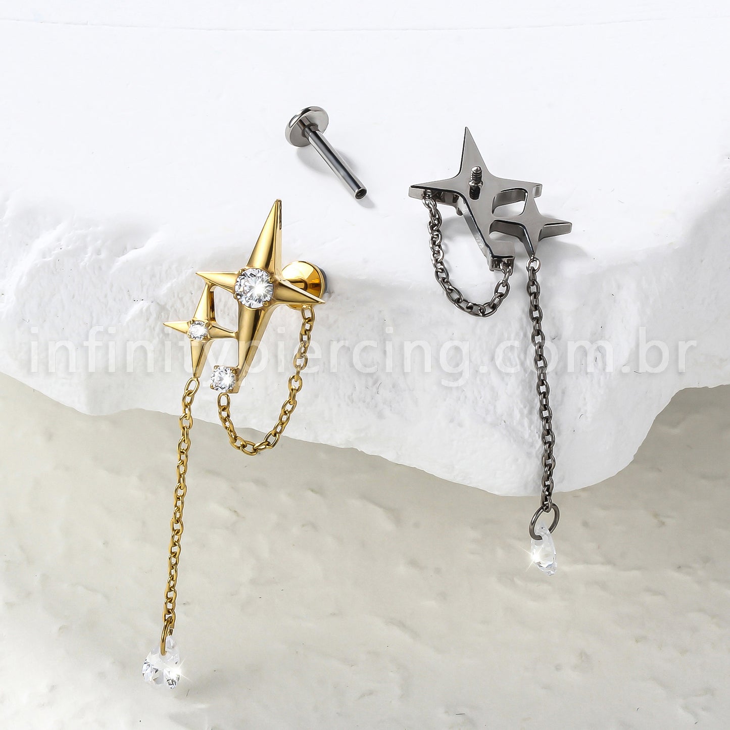 Piercing Labret Titânio Estrela 4 Pontas Com Corrente