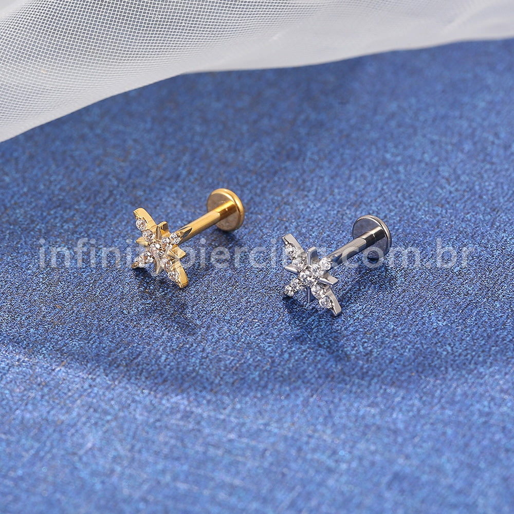 Piercing Labret Aço Cirúrgico Floco De Neve Zircônia Cravejada