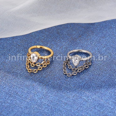 Piercing Argola Titânio Segmento Articulado Corrente Zircônia Gota