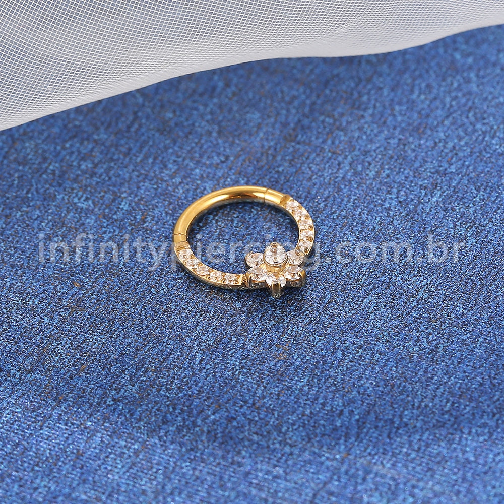 Piercing Argola Titânio Segmento Articulado Flor Zircônia Cravejada