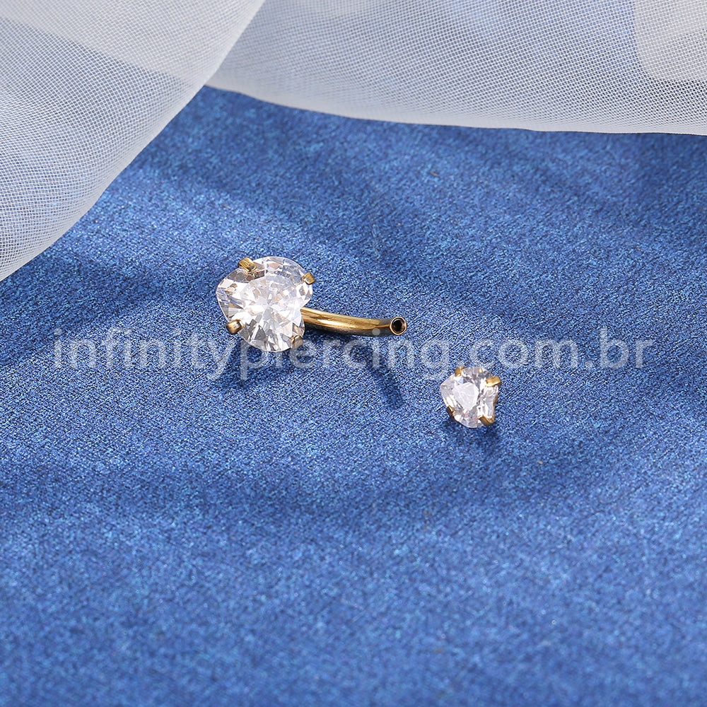 Piercing Aço Cirúrgico Banana 2 Pedras Zircônia Cravejada Coração