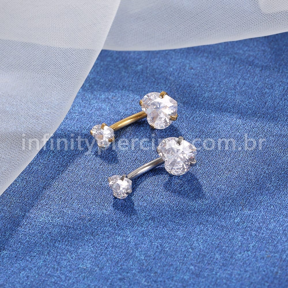 Piercing Aço Cirúrgico Banana 2 Pedras Zircônia Cravejada Coração