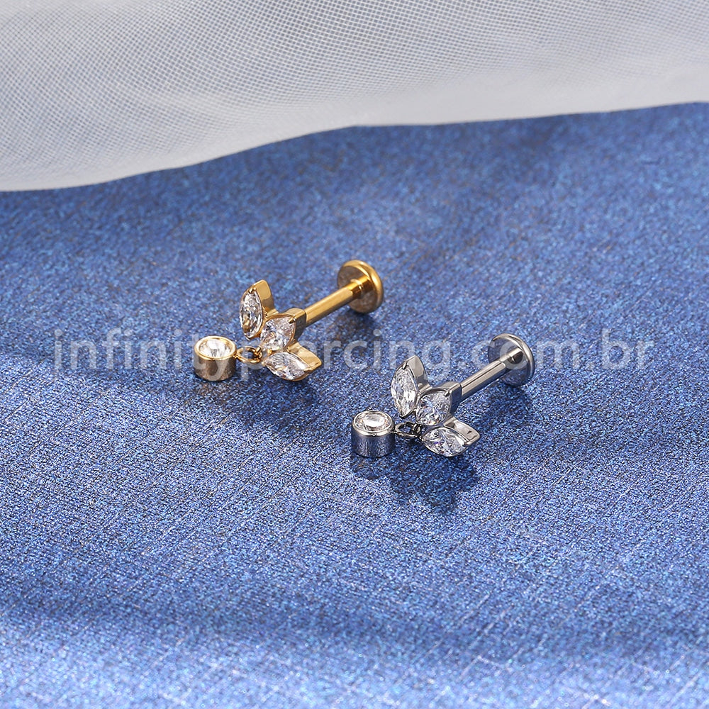 Piercing Labret Aço Cirúrgico Flor De Lotus 3 Zircônias Com Pingente