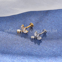 Piercing Labret Aço Cirúrgico Flor De Lotus 3 Zircônias Com Pingente