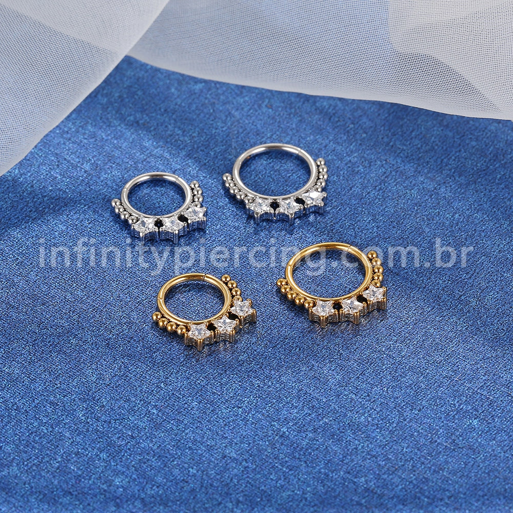 Piercing Argola Segmentada Aço Cirúrgico 3 Estrelas Zircônia