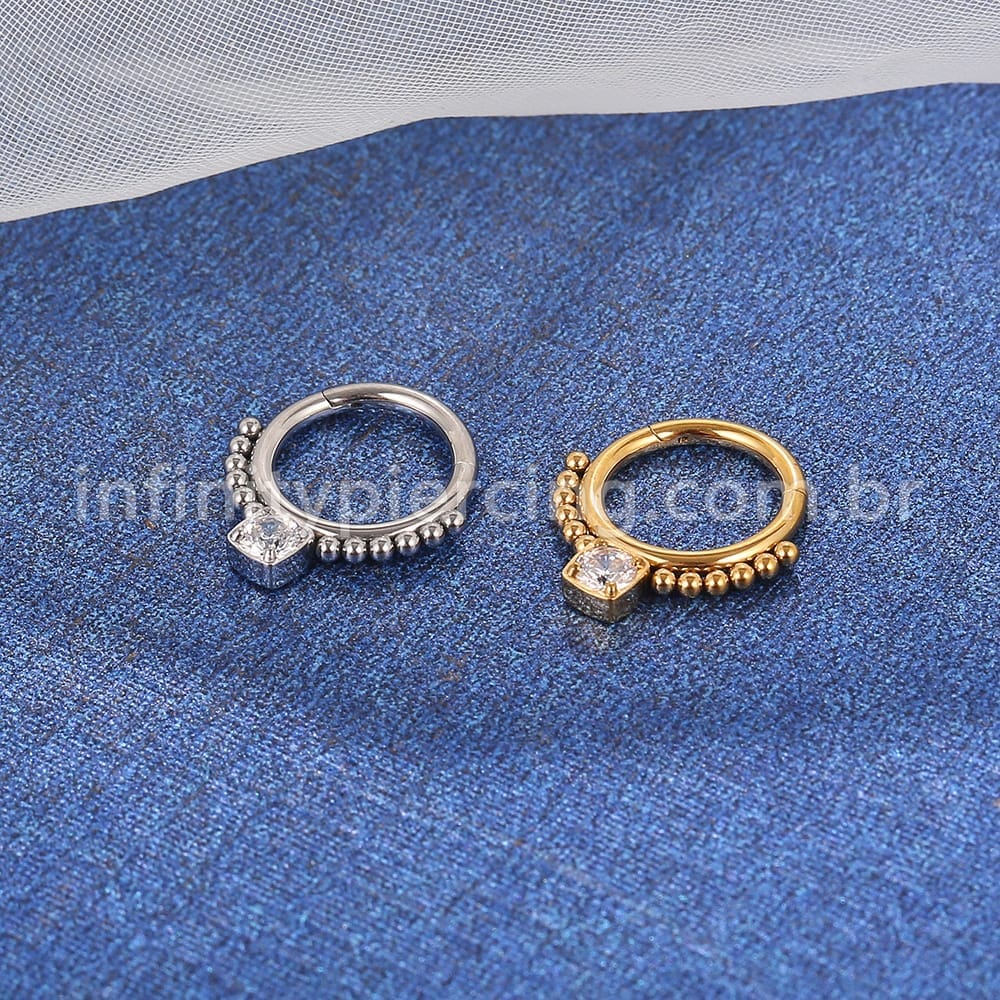 Piercing Argola Aço Cirúrgico Segmento Articulado Bolinhas Zircônia Quadrada Cravejada