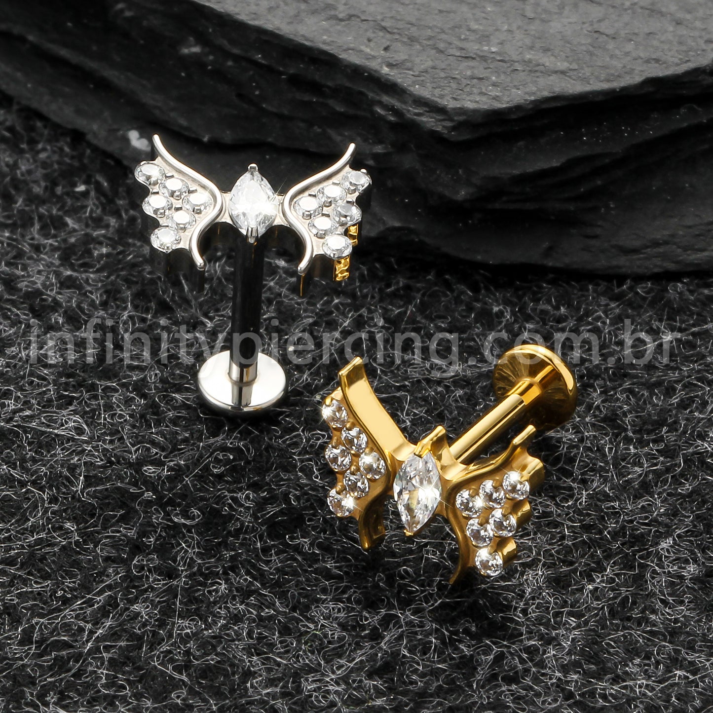 Piercing Labret Titânio Borboleta Zircônia Cravejada
