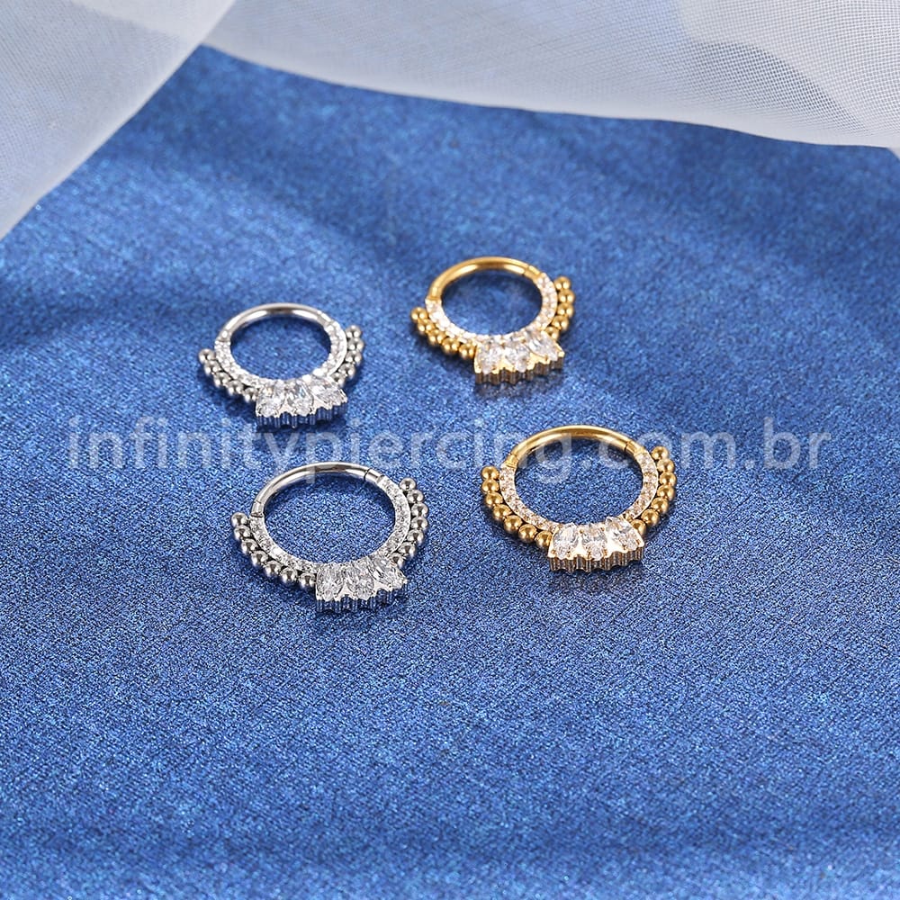 Piercing Argola Segmentada Aço Cirurgico Zircônia 3 Pedras Ovais Com Pontas