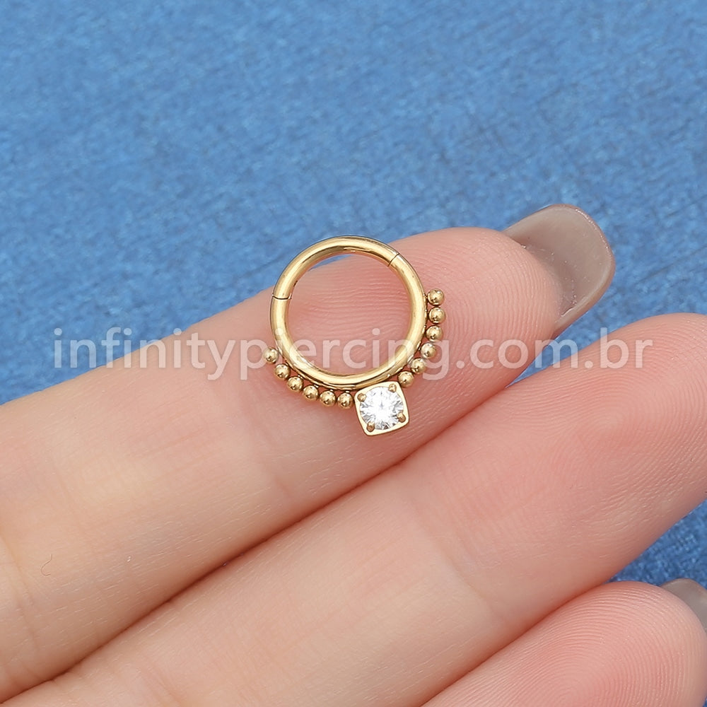 Piercing Argola Aço Cirúrgico Segmento Articulado Bolinhas Zircônia Quadrada Cravejada