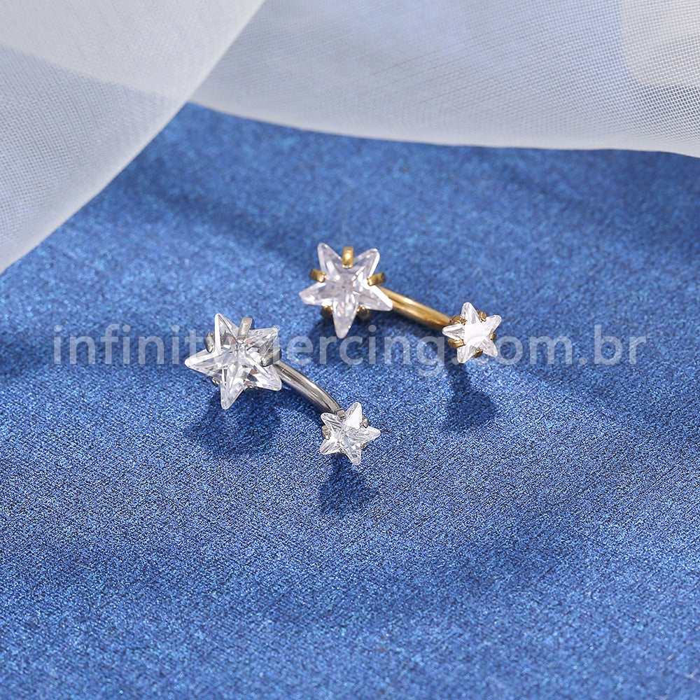 Piercing Aço Cirúrgico Banana 2 Pedras Zircônia Cravejada Estrela