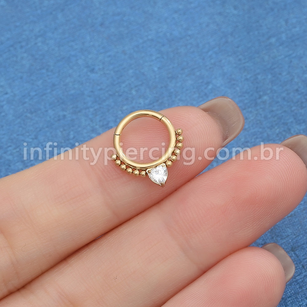 Piercing Argola Aço Cirúrgico Segmento Articulado Bolinhas Zircônia Coração Cravejada