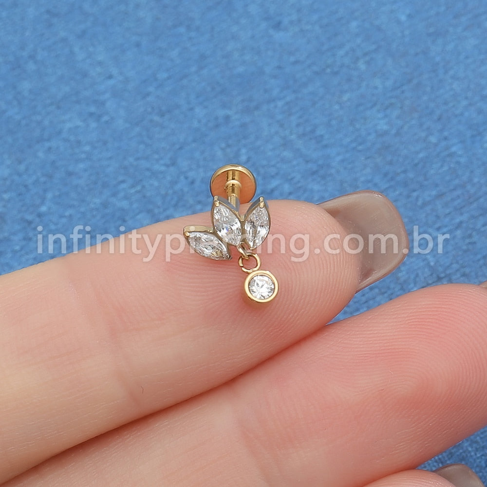 Piercing Labret Aço Cirúrgico Flor De Lotus 3 Zircônias Com Pingente