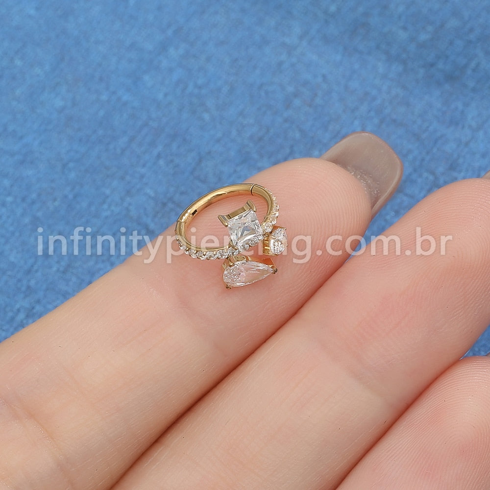 Piercing Argola Titânio Segmento Articulado Gota/Quadrado/Redondo Zircônia