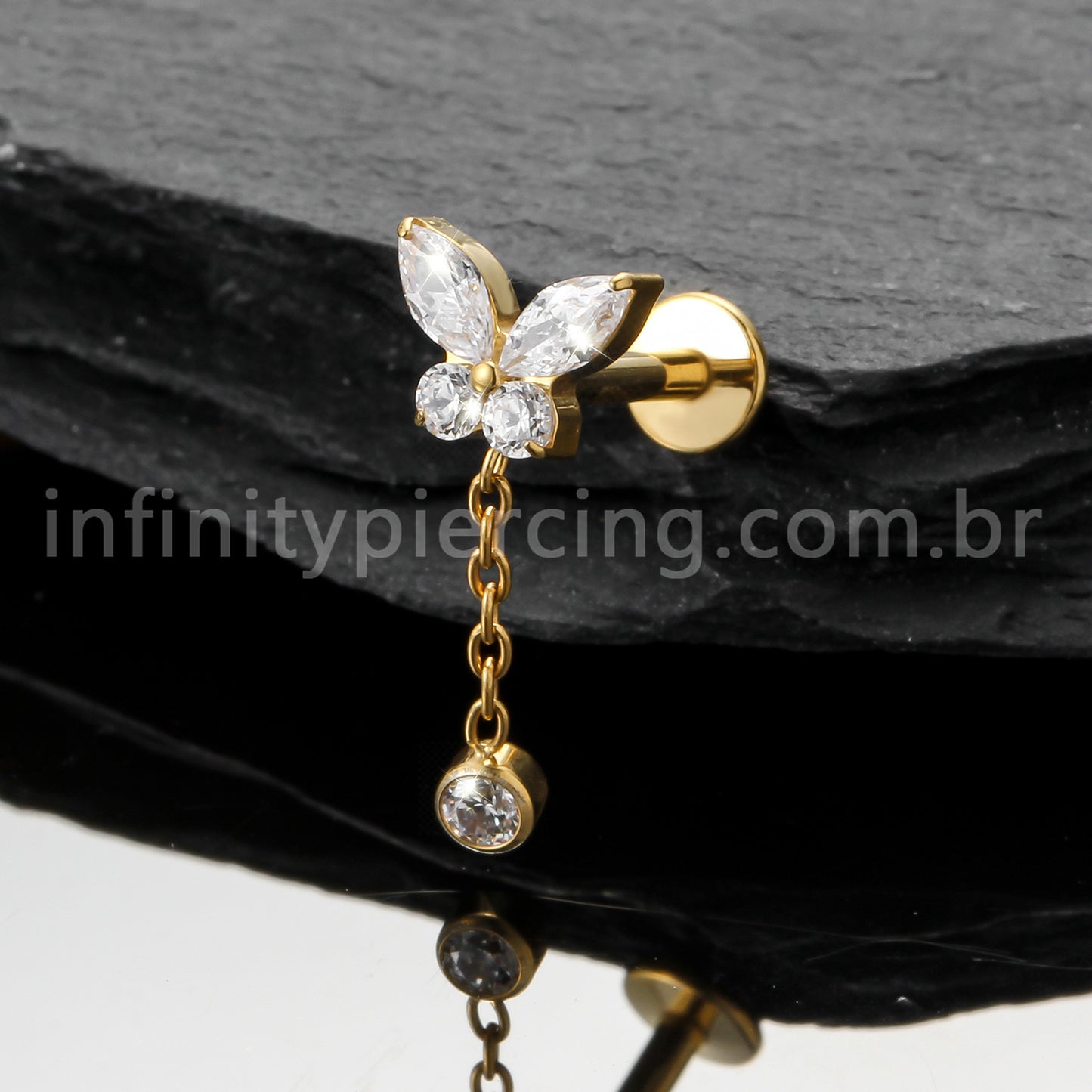 Piercing Labret Titânio Borboleta Com Pingente Zircônia Cravejada