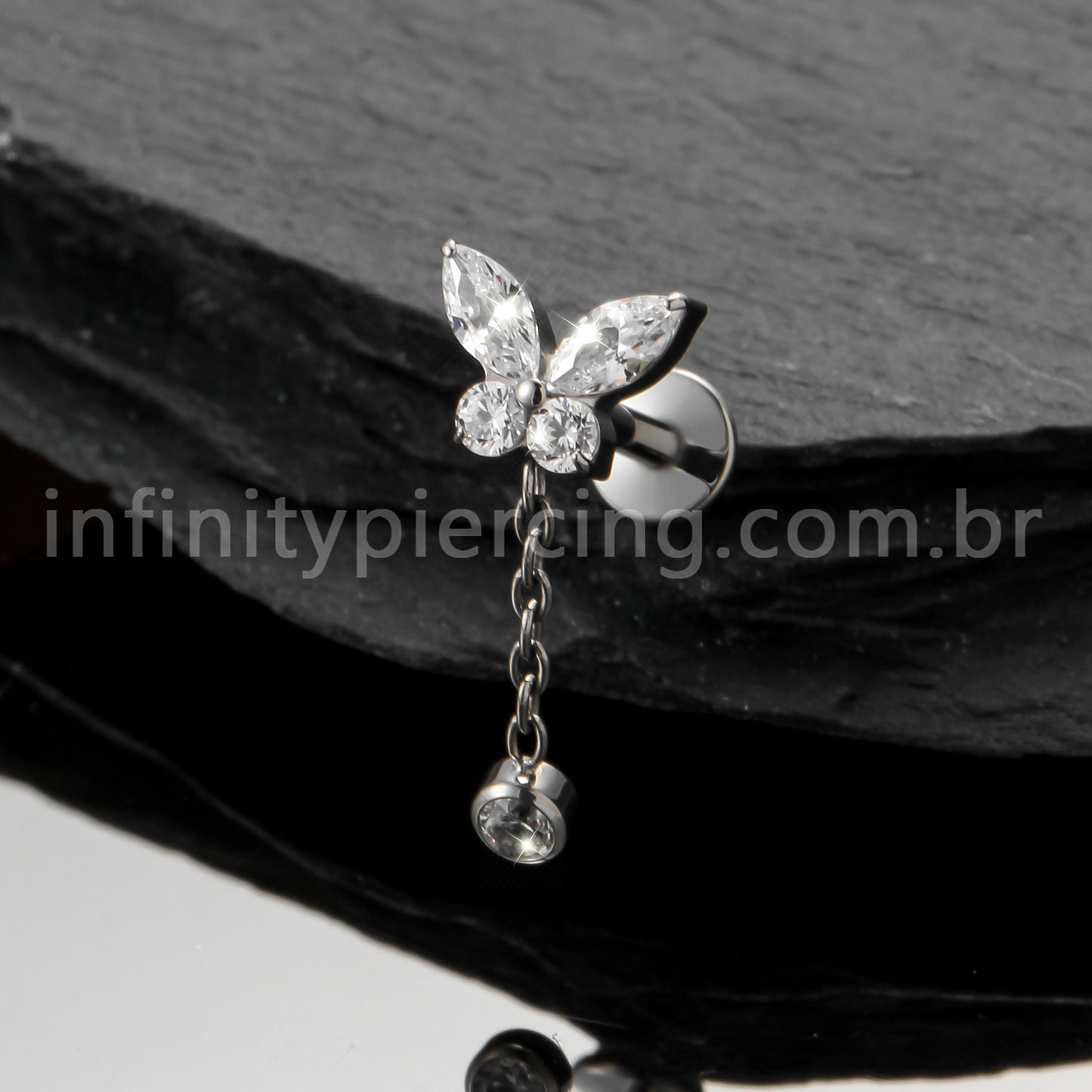 Piercing Labret Titânio Borboleta Com Pingente Zircônia Cravejada