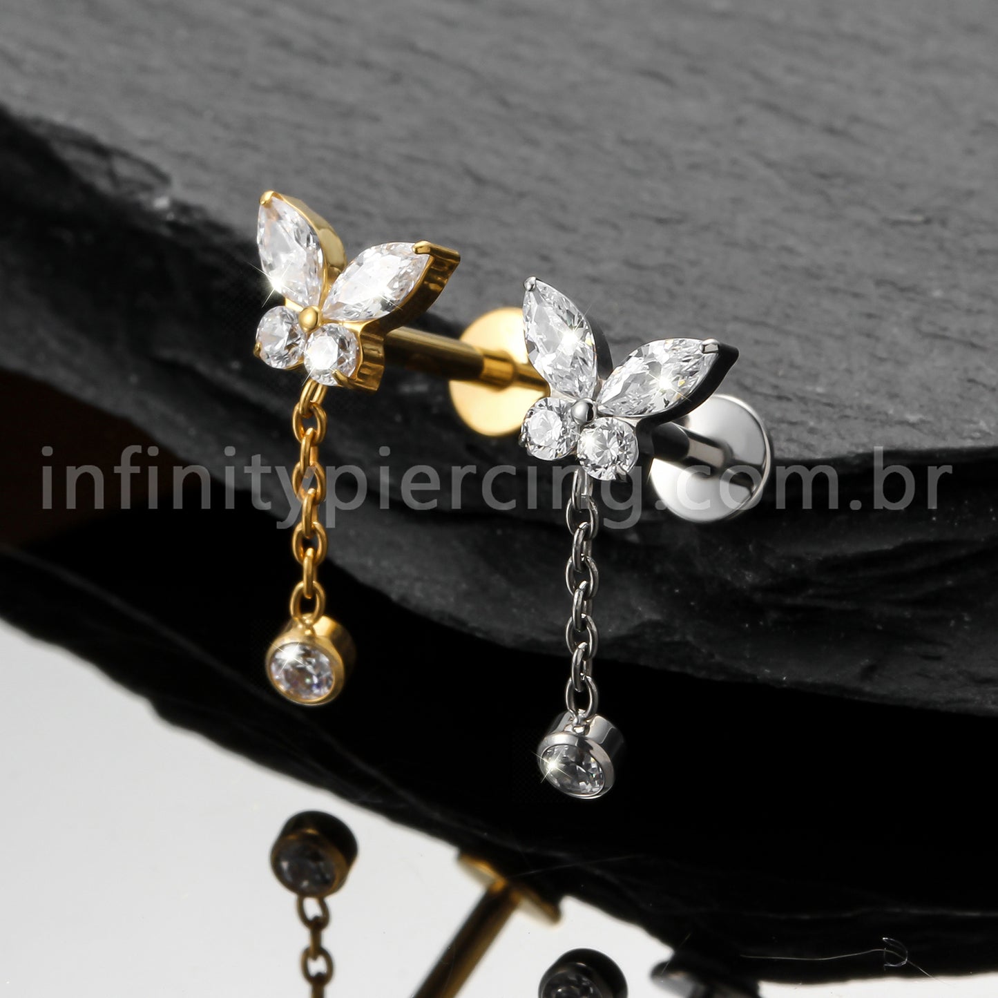 Piercing Labret Titânio Borboleta Com Pingente Zircônia Cravejada