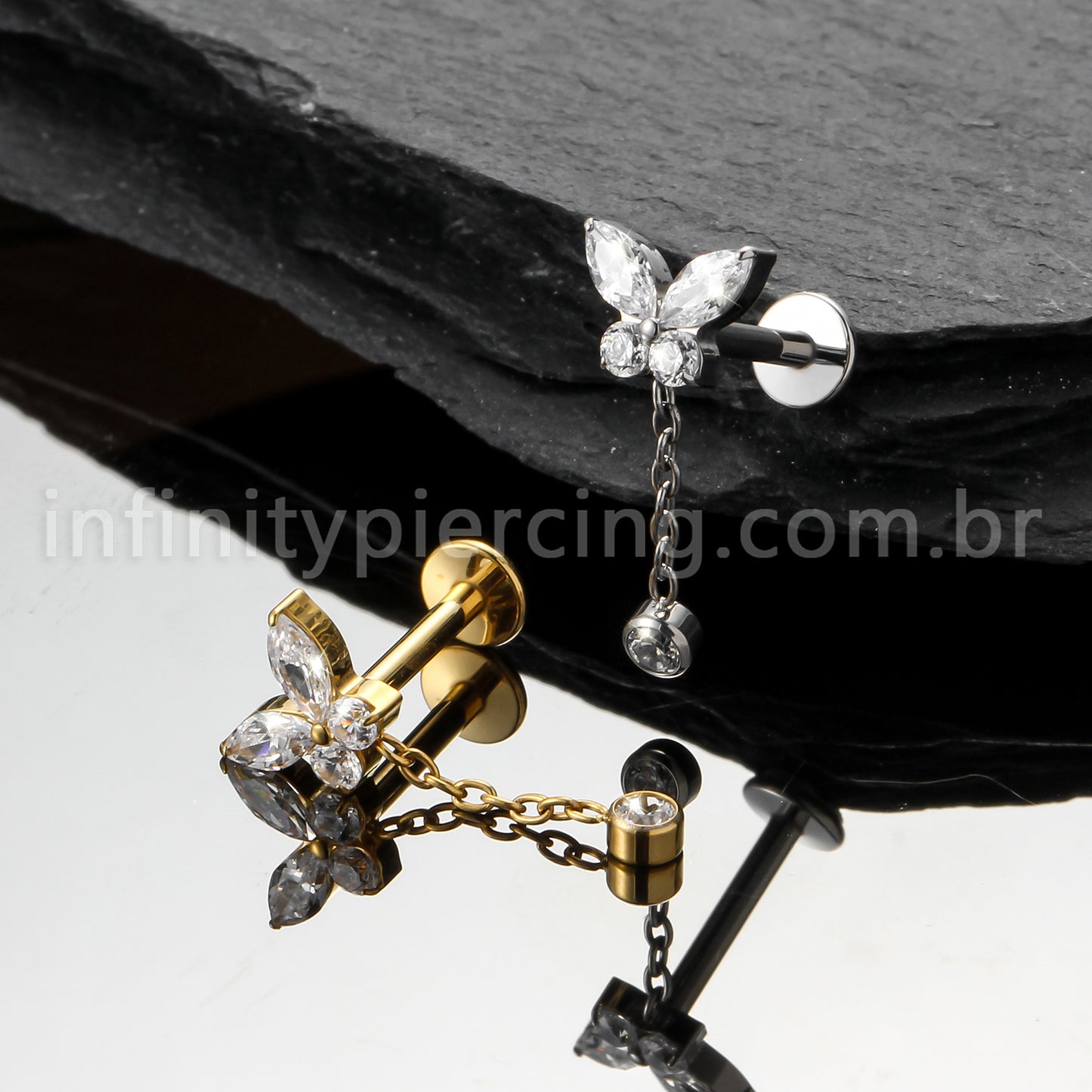 Piercing Labret Titânio Borboleta Com Pingente Zircônia Cravejada