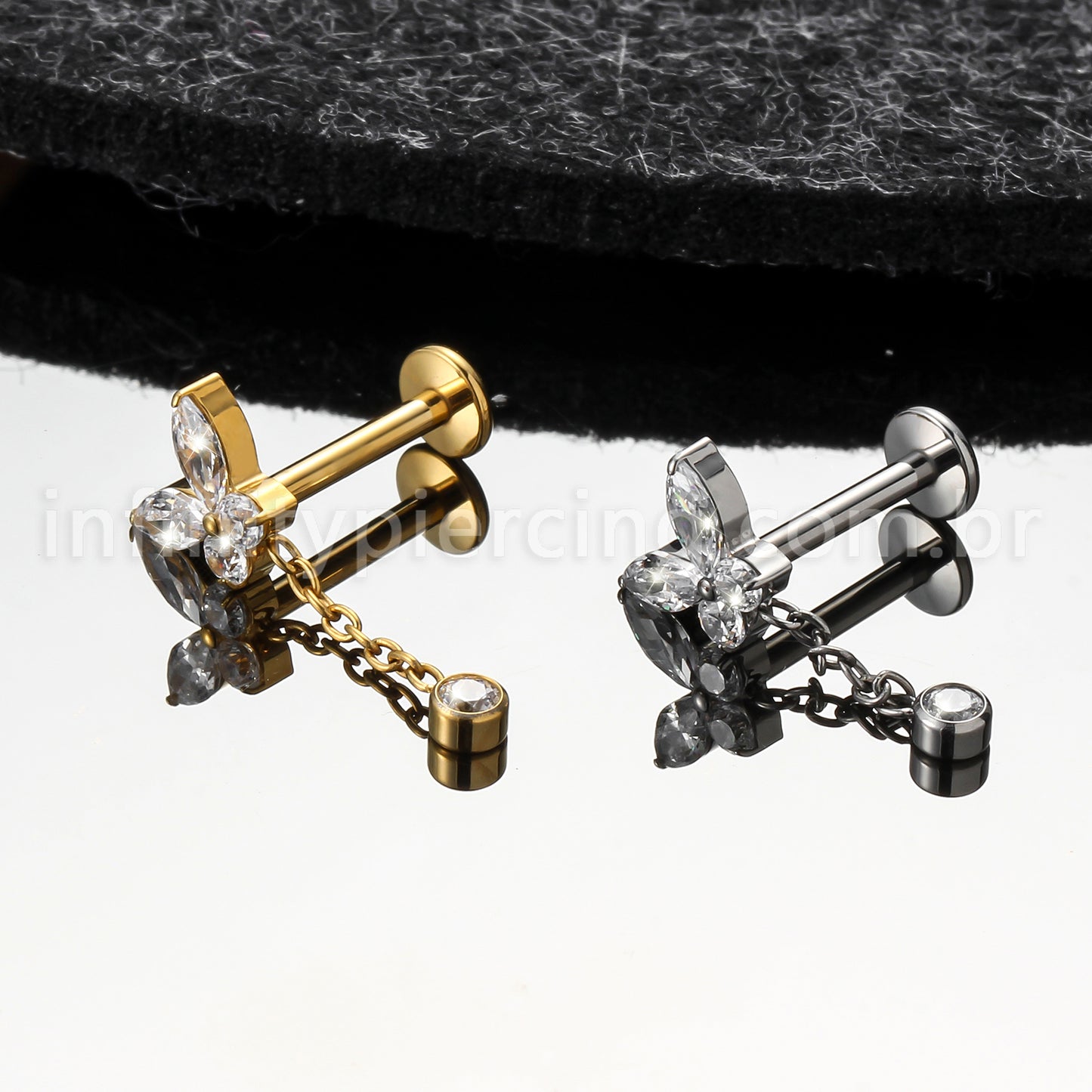 Piercing Labret Titânio Borboleta Com Pingente Zircônia Cravejada