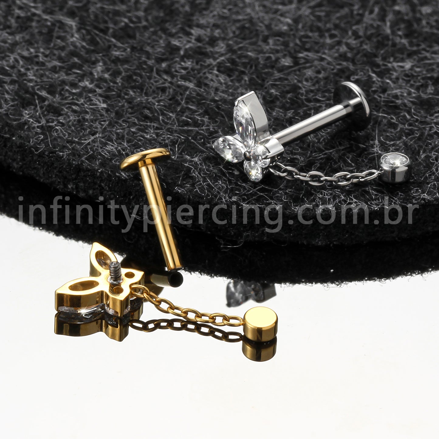 Piercing Labret Titânio Borboleta Com Pingente Zircônia Cravejada