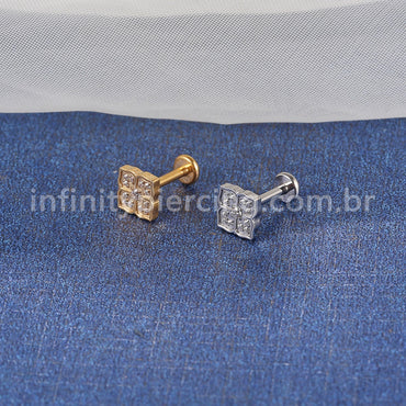 Piercing Labret Aço Cirúrgico Flor Quadrada Zircônia Cravejada
