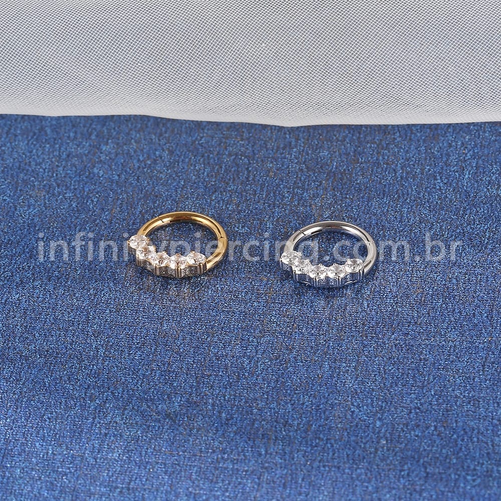 Piercing Argola Titânio 5 Pedras Zircônia Cravejada