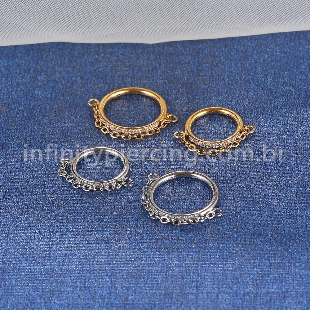 Piercing Argola Aço Cirúrgico Segmento Articulado Zircônia Com Corrente