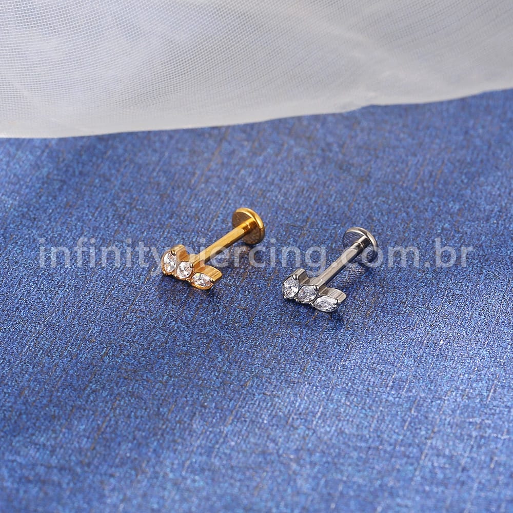 Piercing Labret Titânio 3 Pedras Zircônia Cravejada