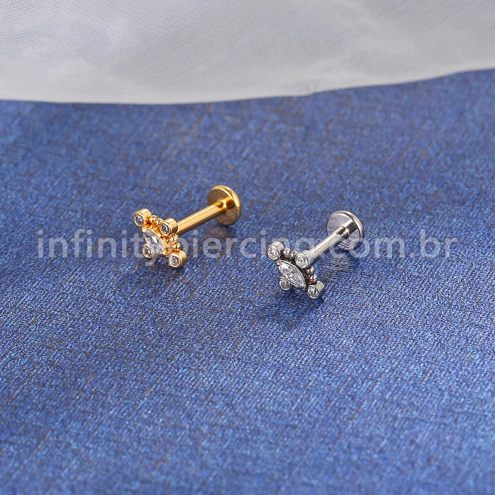 Piercing Labret Aço Cirúgico Indiano 5 Pedras Zircônia Cravada