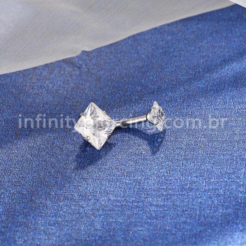 Piercing Aço Cirúrgico Banana 2 Pedras Zircônia Cravejada Quadrada
