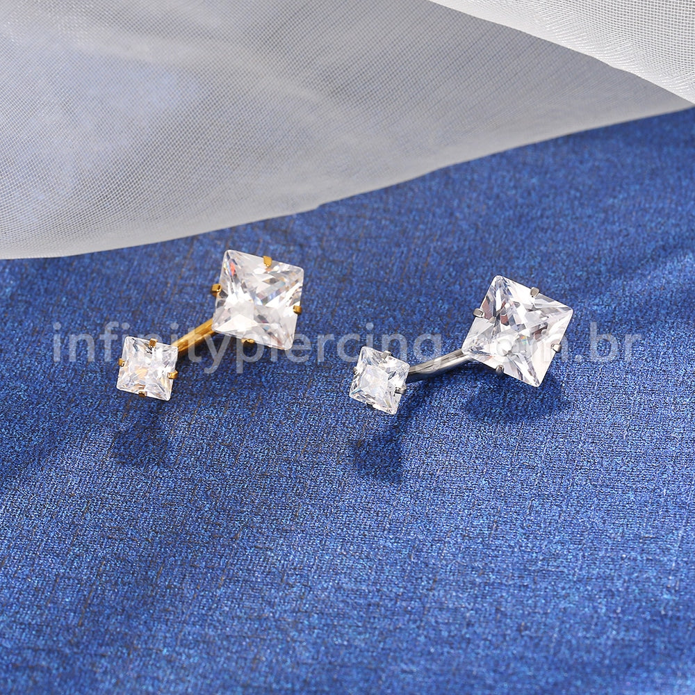 Piercing Aço Cirúrgico Banana 2 Pedras Zircônia Cravejada Quadrada