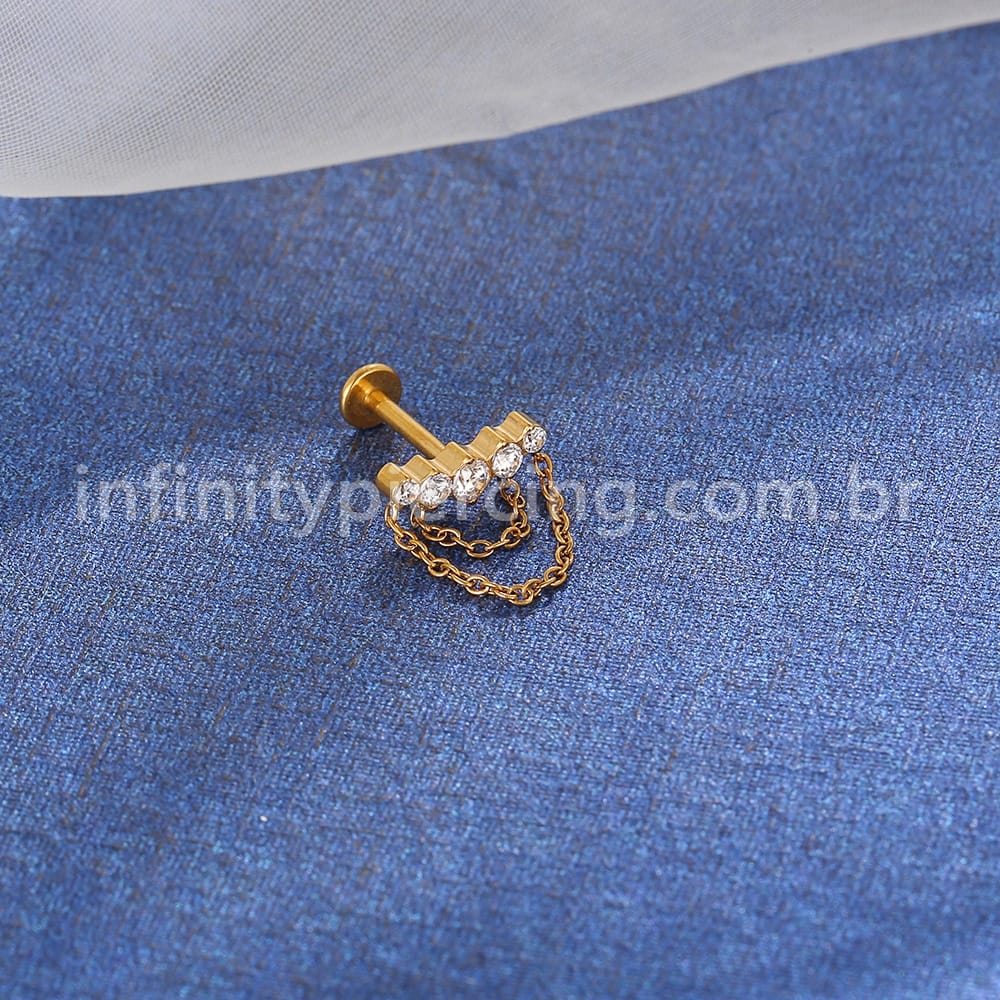 Piercing Labret Titânio Curvo Zircônia Cravejada Com Correntes
