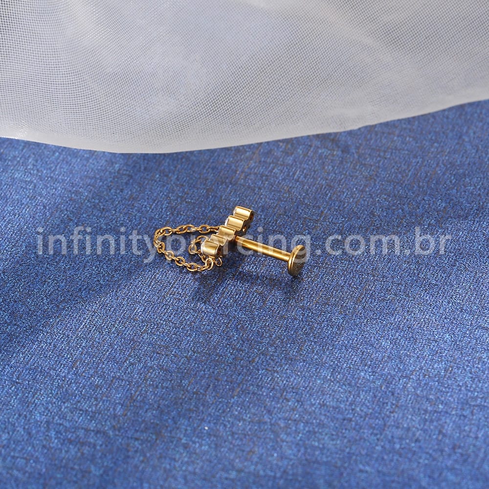 Piercing Labret Titânio Curvo Zircônia Cravejada Com Correntes