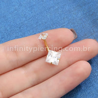 Piercing Aço Cirúrgico Banana 2 Pedras Zircônia Cravejada Quadrada