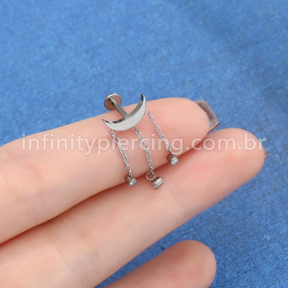 Piercing Labret Titânio Lua Com Corentes Zircônia Cravada