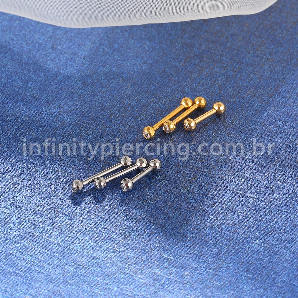 Piercing Barbell Titânio Lapidada Com Zircônia Cravada Rosca Externa
