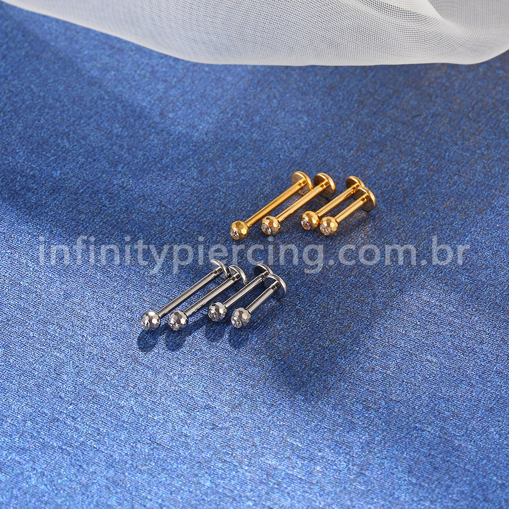 Piercing Labret Titânio Lapidada Com Zircônia Cravada Rosca Externa