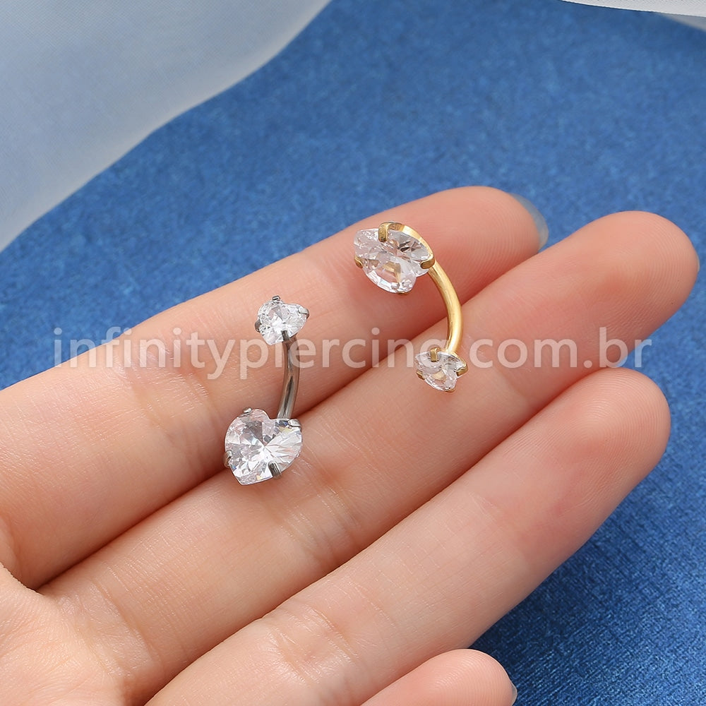Piercing Aço Cirúrgico Banana 2 Pedras Zircônia Cravejada Coração