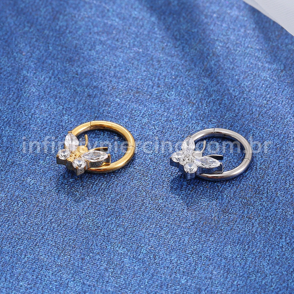 Piercing Argola Titânio Segmento Articulado Borboleta Zircônia Cravejada