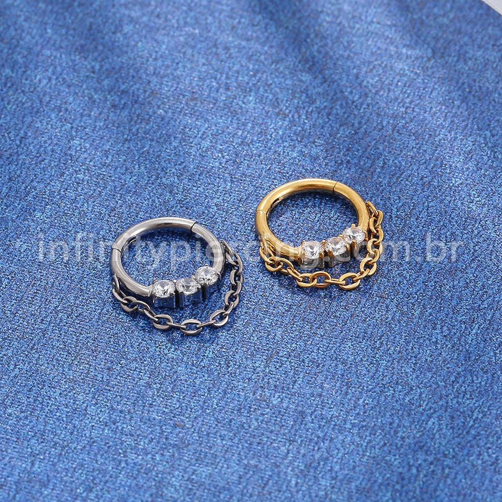 Piercing Argola Titânio Segmento Articulado 3 Pedras Zircônia Com Correntinha