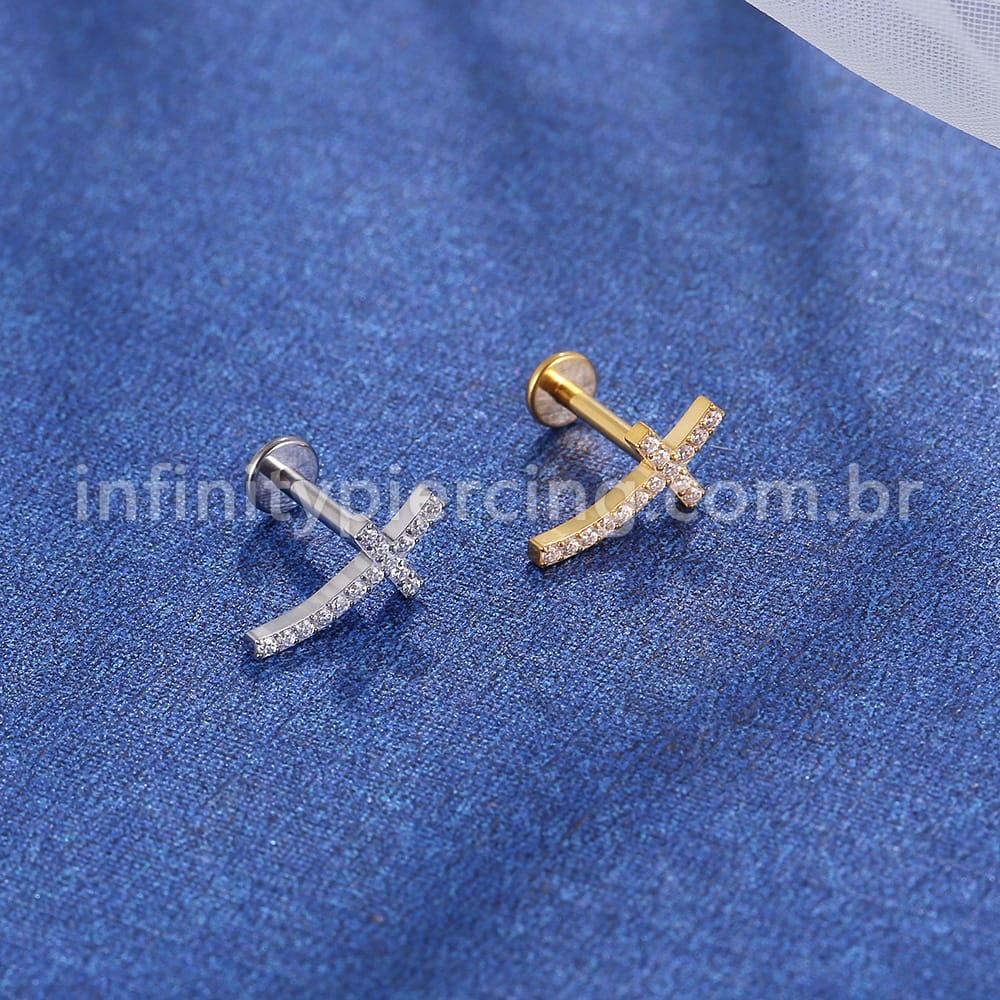 Piercing Labret Titânio Cruz Curva Zircônia