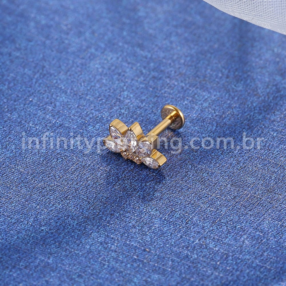 Piercing Labret Titânio Rosca Interna Flor 5 Pedras Zircônia Oval