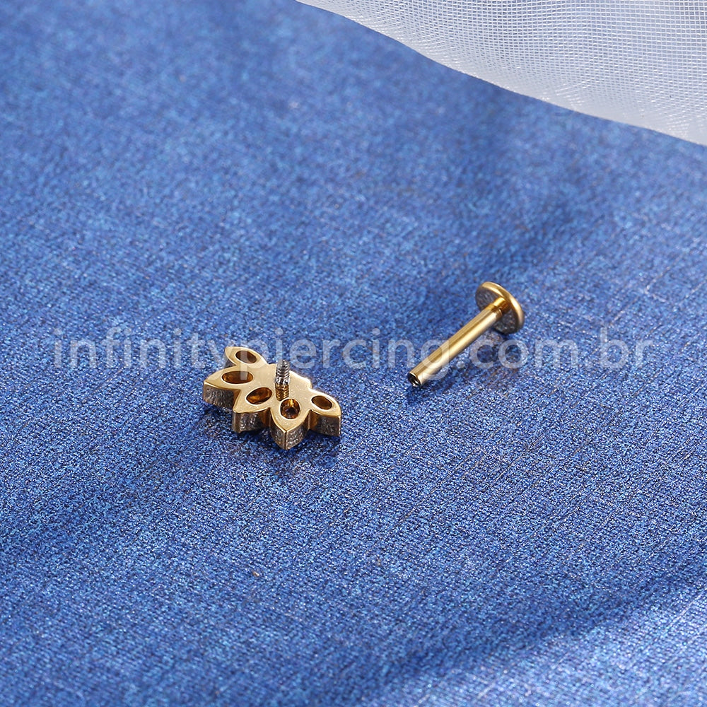 Piercing Labret Titânio Rosca Interna Flor 5 Pedras Zircônia Oval