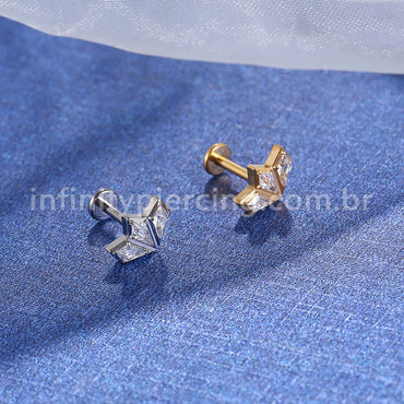Piercing Labret Titânio Rosca Interna Losango 3 Pedras Zircônia