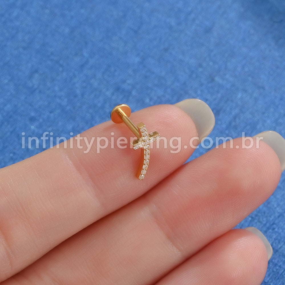 Piercing Labret Titânio Cruz Curva Zircônia